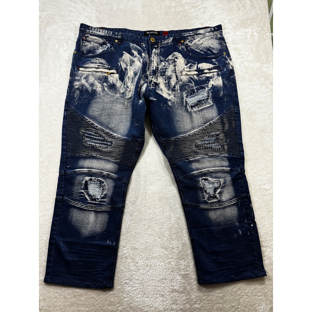 Makobi Mens M1723 Biker Distressed Bleach Blue Jeans 48x32 Meas: 48x29